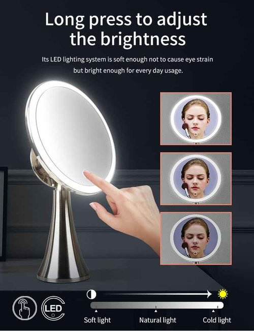 9inch Lighted Round Makeup Vanity Mirror, 5X/10X Dual Magnification with Ultra Bright LED Lights Beauty Mirror, Rechargeable, Cordless, Touch Control Adjustable Brightness, Brushed Stainless Steel
