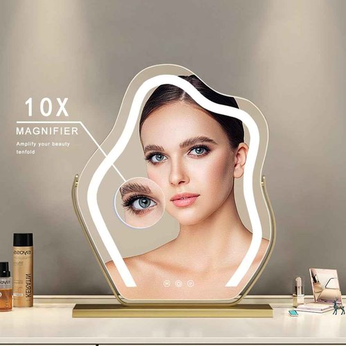 Cloud-Shaped Makeup Mirror with Lights,NO Assembly Required,Painted Gold/Black, 3 Color Modes, Touch Controls, 360° Rotation, 10X Magnifier (Painted Gold)