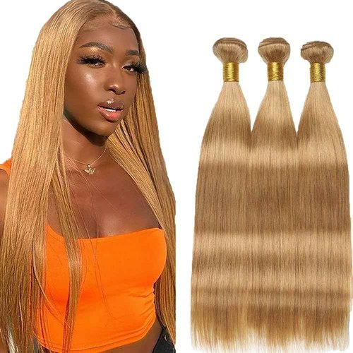 Fabimiya 22 24 26 Inch Human Hair Bundles Honey Blonde 27# Straight Bundles Human Hair 100% Unprocessed Soft Sewn In Hair with Double Weft for Black Women