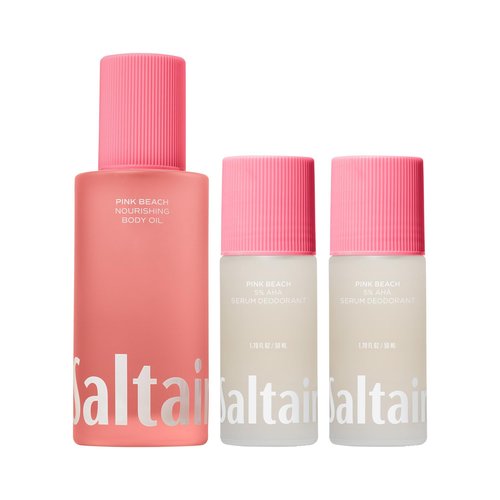Saltair Body Oil and 2-Pack Serum Deodorant Set – Hydrating After-Shower Moisturizer and AHA Roll-On for Odor Control – Pink Beach Scent