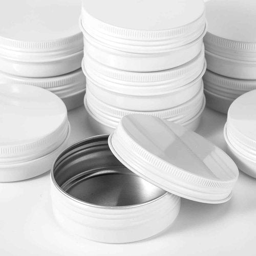 Patelai 2 oz 120 Pcs Metal Round Tins Aluminum Tin Cans Salve Tins Containers with Screw Lid 20 Sheets Stickers for Christmas Salve Spice Candies Balms Candles(White)