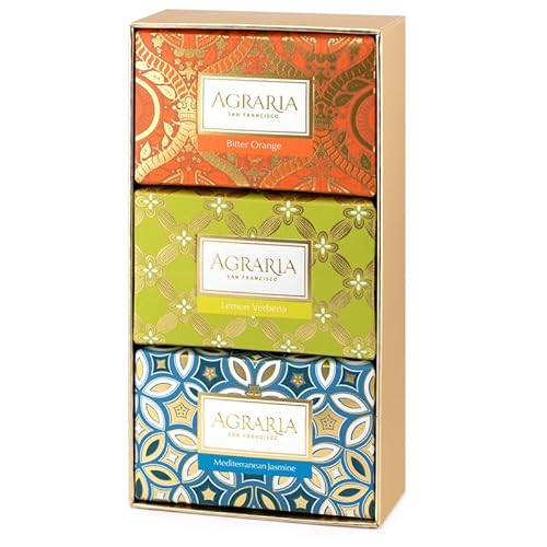 AGRARIA Luxury Bath Bar Soap Assorted Collection, Bitter Orange, Lemon Verbena, Mediterranean Jasmine Bar Soap for Men and Women, Skincare Gift Set