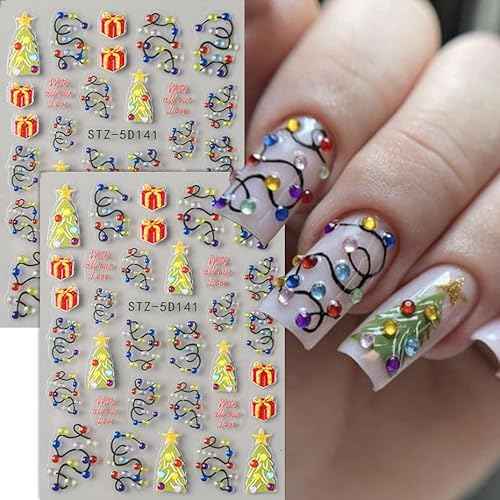 Christmas Nail Stickers 5D Embossed Nail Decals DIY Self Adhesive Nail Design Sticker Christmas Tree Nail Decoration Supplies Holiday Manicure Accessories for Women Girls 3Pcs
