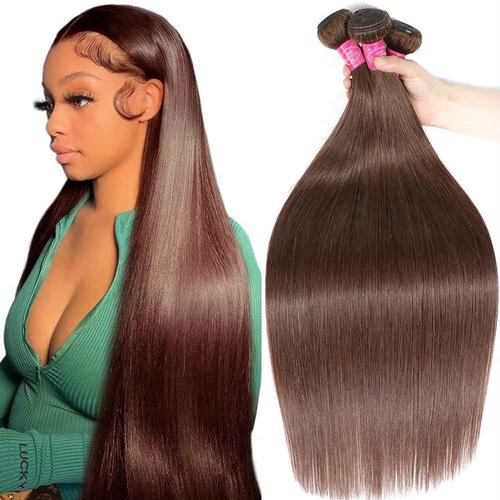 Younsolo Brown Bundles Human Hair Straight 3 Bundles 100% Unprocessed Brazilian Bundles Human Hair 12A Chocolate Brown Straight Bundles Hair Extensions 4# Color 16 18 20 Inch