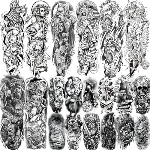 20 Sheets Black Zeus God Full Arm Temporary Tattoos For Men Adults Thigh, Bulk Temp Egypt Judgement God Albis Medusa Poseidon Fake Sleeve Tattoos For Women, Halloween Tattoo Sticker Anchor Ship Faith
