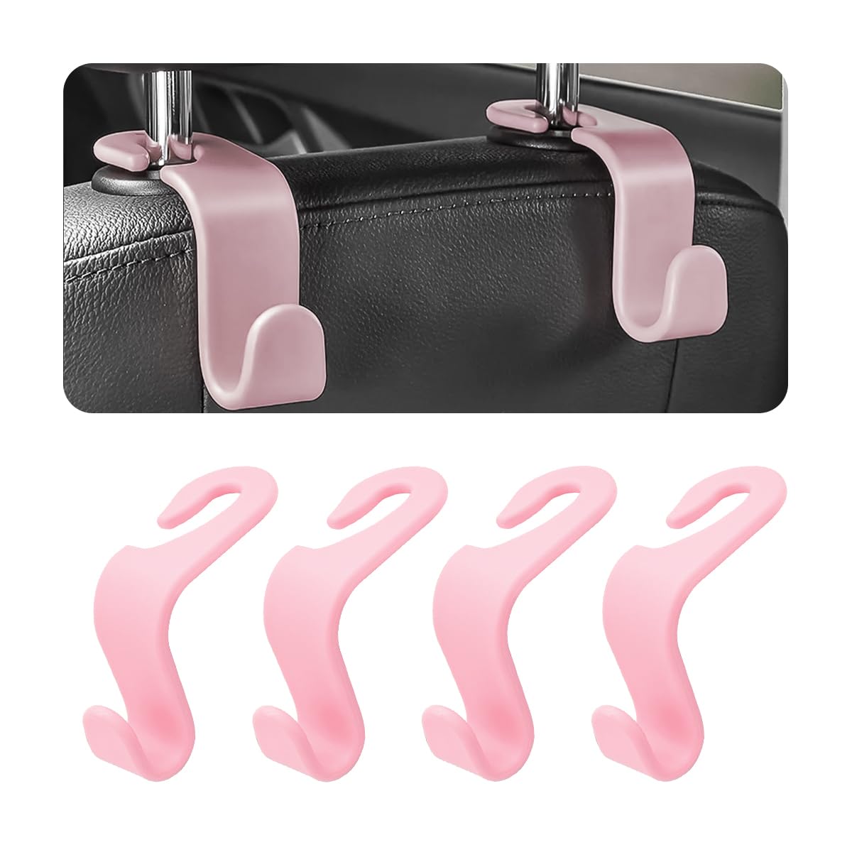4PCS Car Back Seat Headrest Hooks, Rear Car Seat Storage Headrest Hanger Holder Hooks Organizer, Universal Auto Interior Accessories for Bag Purse Handbag Cloth Coats Grocery (Light Pink)