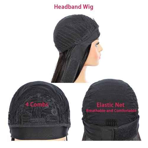 1B30 Deep Wave Headband Wig Ombre Brown Human Hair Headband Wig 130% Density Grade 8A Brazilian Remy Hair Machine Made Wigs Dark Brown Color 22 Inch