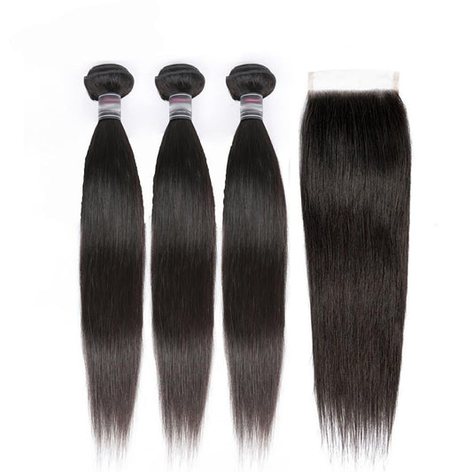 Human Hair 3 Bundles with Closure Straight 100% Unprocessed Virgin Brazilian Hair Bundles with 4x4 Lace Closure Free Part, Double Weft 10A Hair Weave Extensions (16" 16" 16" + 12" Closure)