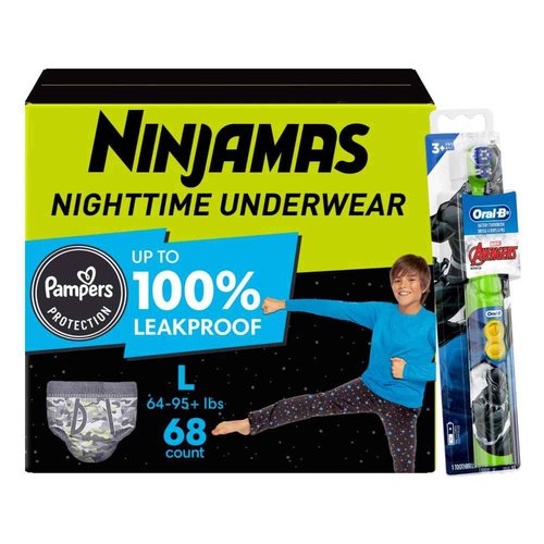 Pampers Ninjamas + Oral-B Toothbrush, Nighttime Training Pants Boys, 68 Count, Size L & Oral-B Kids Power Kid's Toothbrush, Avengers