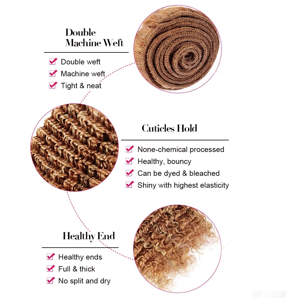 30 Inch P27/30 Human Hair Color #30 Deep Wave Bundles Peruvian Virgin Hair - Two Tone Honey Blonde Mixed With Brown - Double Weft Hair Weave