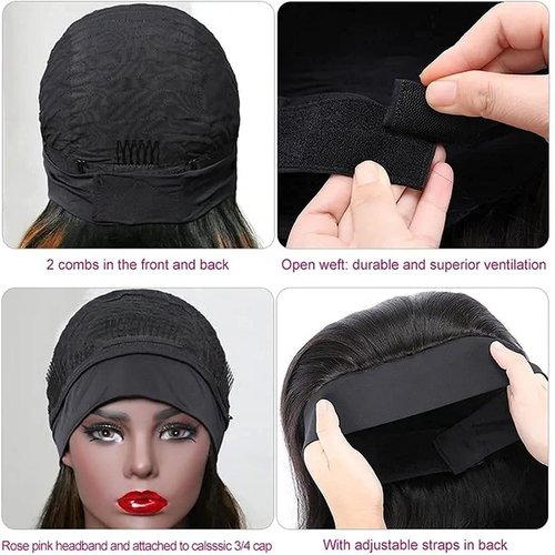 YIROO Headband Human Hair Wig Ombre Brown Yaki Straight Glueless Put on and Go Wigs with Dark Roots Drawstring Chestnut Brown 12A Highlight No Lace No Glue 30S Ready to Wear Headband Wigs 18Inch