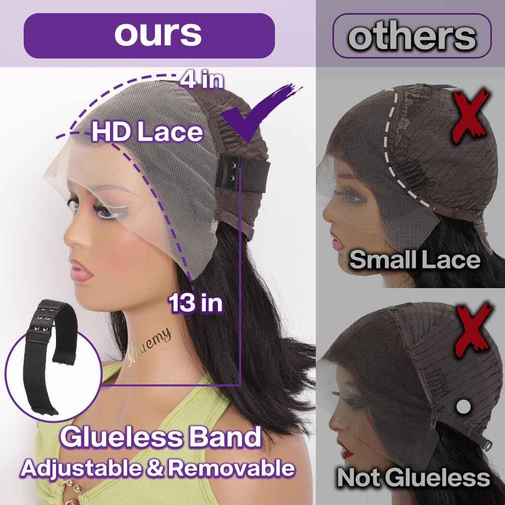 HIRIREMY Bob Wig Human Hair 13x4 HD Lace Frontal Short Straight Lace Front Bob Wigs for Black Women Human Hair Pre Plucked Glueless Side Part 180% Density Black Color 16 Inch