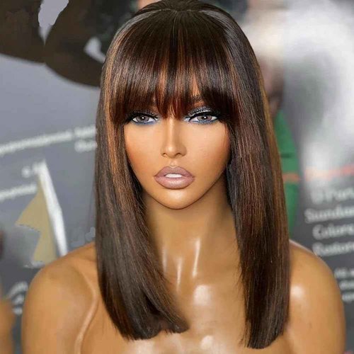 FFEGG Bob Wig Human Hair with Bangs Glueless 2.5x1 HD Lace Colsure Wigs Human Hair Bob Wig with Brown Highlights, Ready to Go Short Wigs For Women Beginner Friendly（14 Inch bob wig）