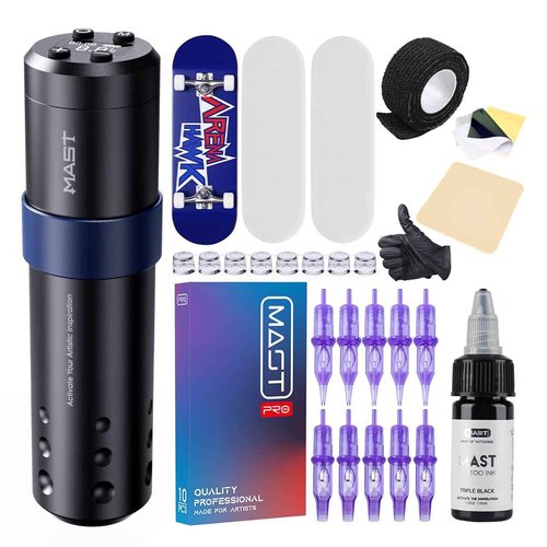 Mast Tattoo Kit, A3 Wireless Tattoo Gun Machine Kit, Complete Tattoo Kit, Finger Skate Practice Skin for Beginner, Tattoo Needles Cartridges
