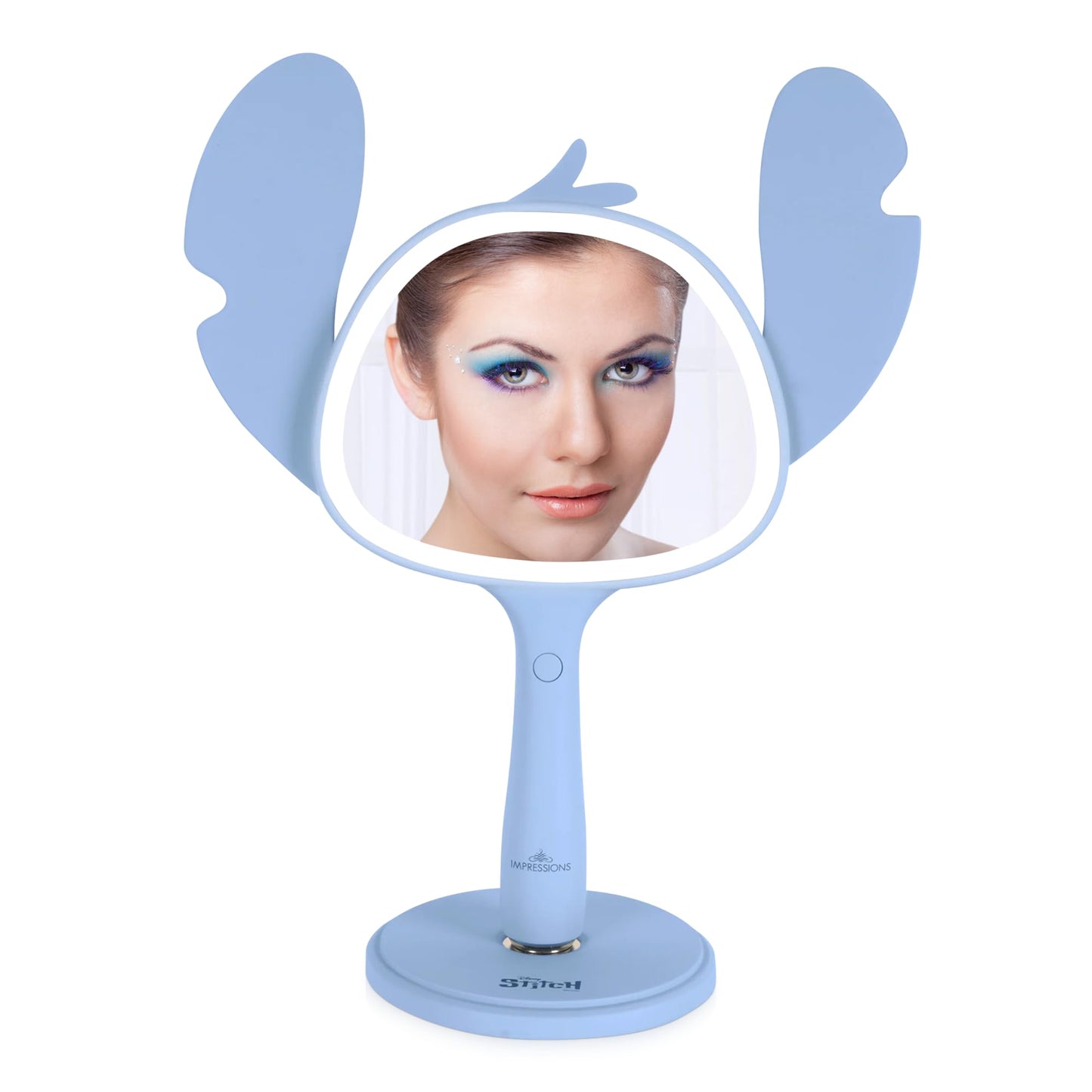 Impressions Vanity Stitch Ohana LED Handheld Makeup Mirror for Desk, Lighted Travel Makeup Mirror with Detachable Standing Base, Ultra Bright Adjustable Lighting, and Ohana Figural Shaped Design