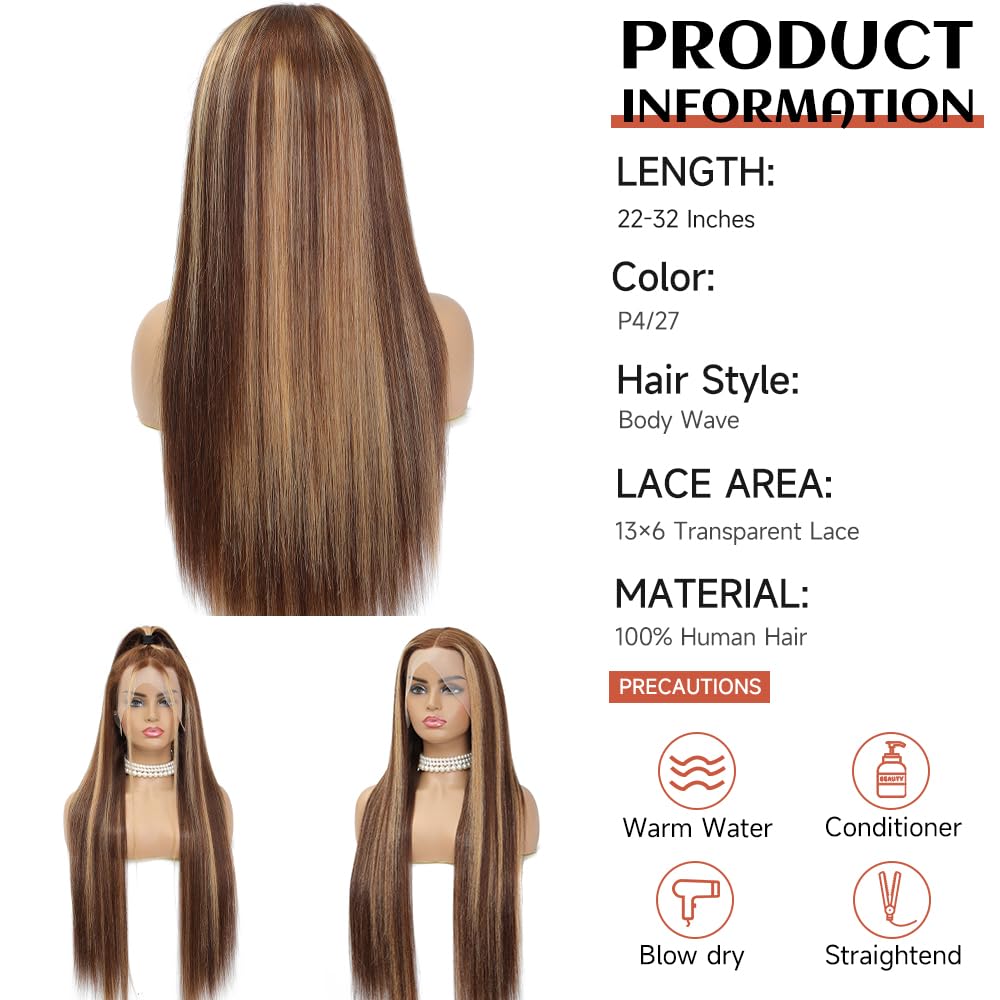 Ombre Lace Front Wig Human Hair Highlight 13x6 Lace Front Wigs Human Hair Straight Wigs Pre Plucked 200% Density Honey Blonde 4/27 Colored Wigs for Women 28 Inch