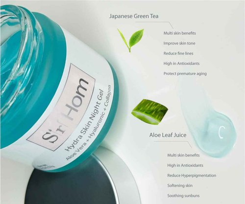 Siri Hom Hydra Skin Night Gel, Aloe Vera with Hyaluronic Acid and Collagen, Hydrating Face Moisturizer