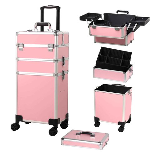 Rolling Makeup Case, Cosmetology Case on Wheels with Large Storage, Durable Design, Ideal Gift for Makeup Artists, Hairstylists, Nail Techs, Portable Beauty Organizer for Travel or Salon Use, Pink
