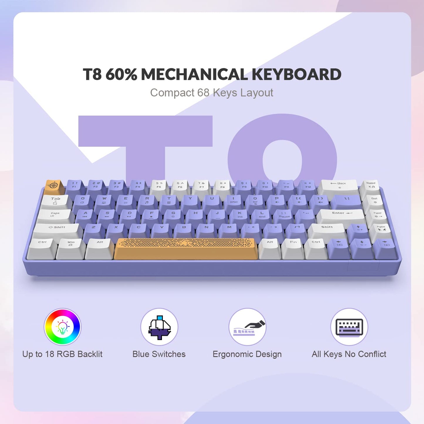 ZIYOU LANG RK-T8 Wired 65% Mechanical Gaming Keyboard with RGB LED Backlit Anti-ghosting TKL Mini 68 Key Custom Coiled C to A Cable Tactile Blue Switch for PS4 PS5 Xbox PC Mac Gamer(White Purple)