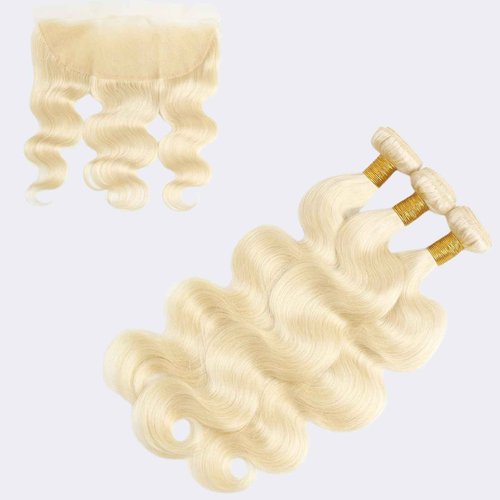 613 Bundles Human Hair 16A Blonde Body Wave Bundles with Frontal Closure (14 14 14+12) Brazilian Virgin Unprocessed Hair with 13x4 HD Lace Frontal Quick Weave Sew in Hair Extensions for Women