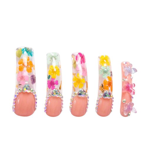 LOVFUL Press on Nails Flora | Handmade with Full Covered Crystals | Reusable Full Cover Nails | Curve Mid Length 1.7 in | H176-S