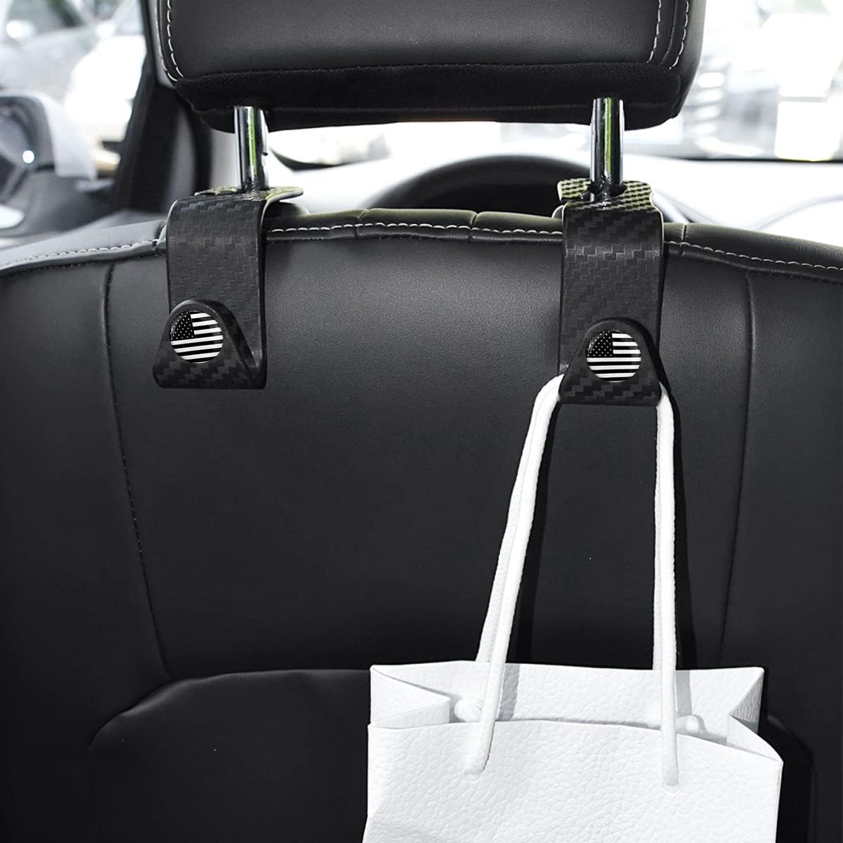 4PCS Car Seat Headrest Hooks, Auto Back Seat Hanger Holder, Durable Stylish Vehicle Organizer Universal Car Accessories, Storage Hooks for Purses, Bags, Clothes, Coats (Carbon Fiber/Black Flag)