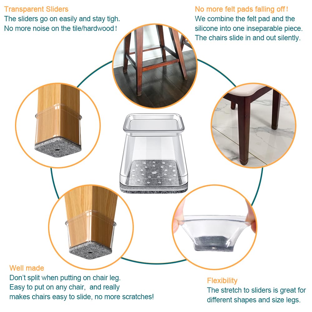 32 Pcs Square Chair Leg Protectors for Hardwood Floors,Felt Furniture Floor Protectors with Silicone Caps, Large Size (Fits Chair Legs with Side Length: 1-1/16'' to 1-5/8''")