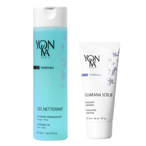 Yon-Ka Gel Nettoyant, Guarana Scrub Set | Gentle Foaming Face Wash and Makeup Remover | Facial Exfoliator and Detoxifying Scrub | Normal and Acne Prone Skin | Set of 2, 6.76 fl oz and 1.87 oz