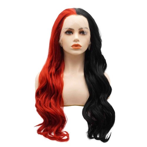 LUSHY BEAUTY Hair Synthetic Lace Front Wig Wavy Long 24inch Half Black Half Red Mix Heavy Density Heat Resistant Realistic Wig