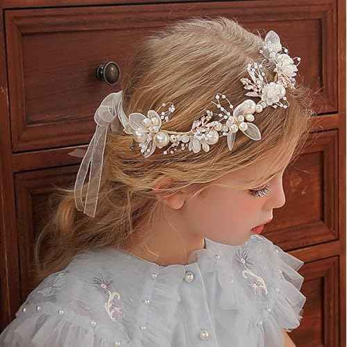 Foyte Crystal Flower Girl Headpiece Leaf Wedding Headband Princess Headpieces Rhinestone Floral Hair Vines Communion Pearl Hair Accessories for Women (Pearl)