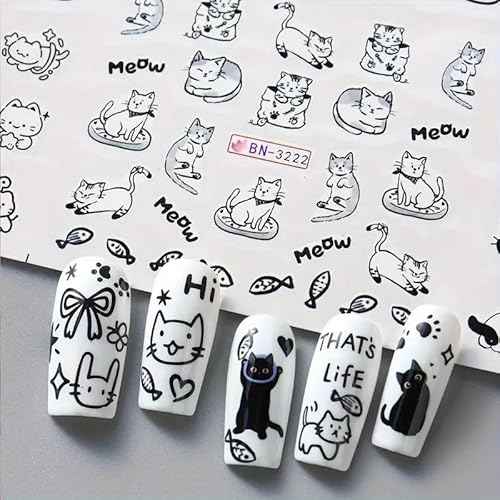 Cute Nail Art Stickers Black White Cat Water Transfer Nail Stickers Cat Paw Cute Animals Water Transfer Nail Decals 3D Self Adhesive Nail Art Supplies Heart Designs Nail Decals 12PCS