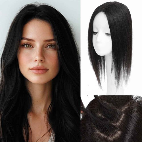HVVZOY Hair Toppers for Women Real Human Hair,360°3D Big Basement Cover Topper for Women with Thinning Crown with Side Clip in Bangs Realistic Scalp (1B, 3D Side Bangs 16INCH)