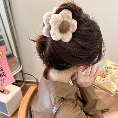 Flower Hair Clips for Women Girls Cute Kawaii Fluffy Claw Clip for Long Curly Thick Thin Hair Brown Medium Plastic Jaw Claw Clips Strong Hold Hair Catch Clamps Barrettes Headwear Hair Styling Clips