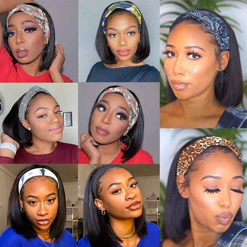 Headband Wig Human Hair for Women Straight Bob Human Hair Headband None Lace Wig Glueless Short Bob Wigs 100% Brazilian Virgin Hair Wear and Go Wigs Natural Color 12 Inch