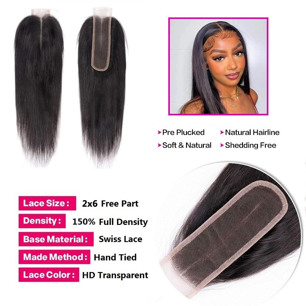 10A Brazilian Straight Human Hair Bundles with 2x6 Closure 18 20 22+16 Inch 100% Unprocessed Straight Virgin Hair Weave Bundles Human Hair with 2x6 HD Lace Closure