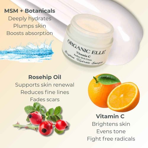 Organic Elle Vitamin C Radiant Rich Cream, Antioxidant Face Moisturizer with Aloe Vera and Botanical Oils