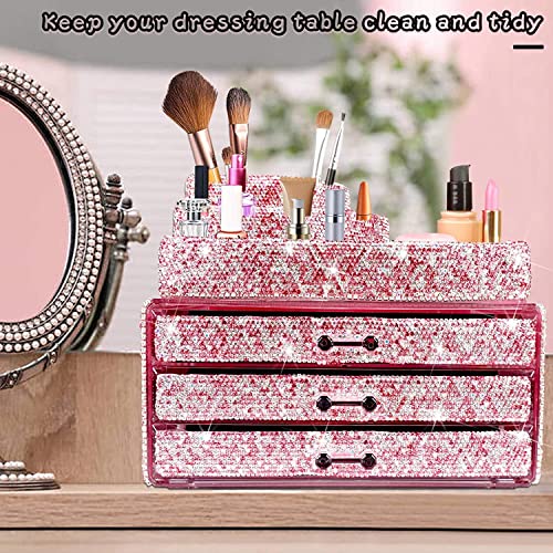 KEYPOWER Makeup Organizers Drawer Bling Diamond,Countertop Jewelry Cosmetic Storage Display Boxes,Makeup Brush Holder,2 Pieces Set(Purely Handmade)(Pink)