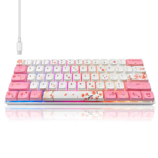 ZMX Cherry Blossom Pink and White Keyboard,60% Wired Hot Swappable RGB Backlit Mechanical Gaming Keyboard Mini 61 Keys XDA Profile Cute PBT Keycaps for Office PC/Mac Gamer (OUTEMU-Brown Switch)