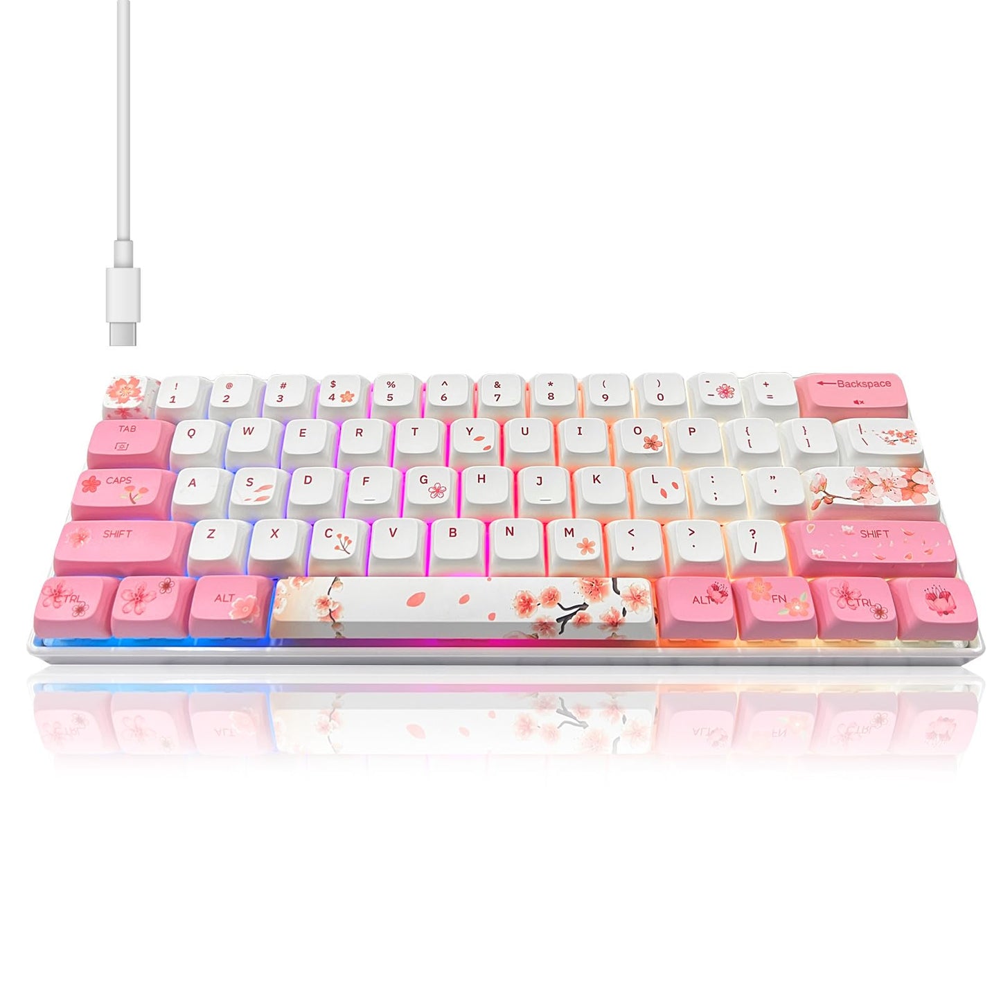 ZMX Cherry Blossom Pink and White Keyboard,60% Wired Hot Swappable RGB Backlit Mechanical Gaming Keyboard Mini 61 Keys XDA Profile Cute PBT Keycaps for Office PC/Mac Gamer (OUTEMU-Blue Switch)