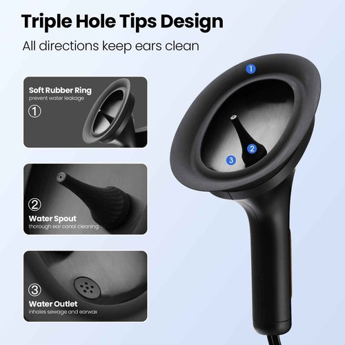 UNIWA Ear Wax Removal, Electric Ear Cleaner with Reusable Replacement Tips, 4 Pressure Settings, Safe and Effective Ear Rinsing Kit for Adults, Ear Irrigation Kit & USB-C Cable, IPX7, Black