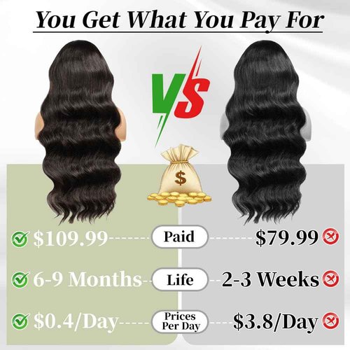 BeCools 22 Inch 13x6 Lace Front Wigs Human Hair 200 Density Tangle-Free Natural Black