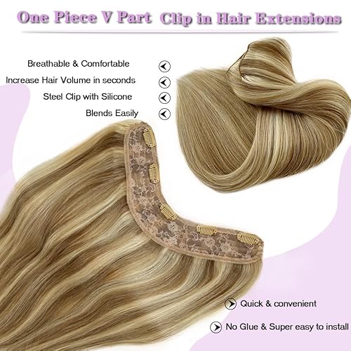 Balayage Clip in Hair Extensions V Shape Clips on Hair 3/4 Full Head Hairpieces One Piece for Women 20Inch Ombre Ash Blonde to Platinum Blonde Real Human Hair 100G Invisible Clip in Hair Extension