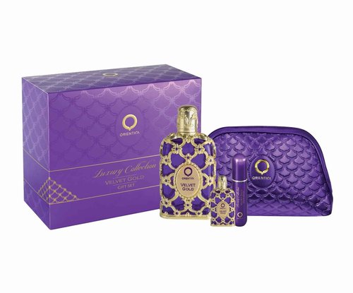 Orientica Al Haramain Velvet Gold 4-Piece Gift Set for Women, (2.7 Oz Eau De Parfum Spray + 0.33 Oz Eau De Parfum Spray + Atomizer + Bag) Luxury Collection