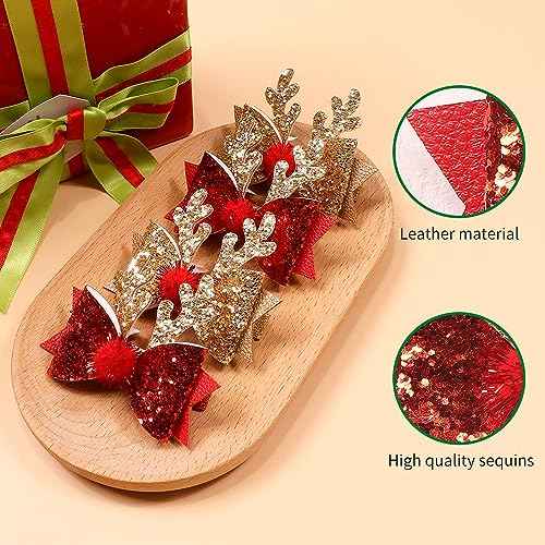 Christmas Hair Clips Glitter Christmas Antler Hairpins Cute Christmas Bow Hair Clips Gold Red Christmas Reindeer Antlers Headband Hairpins Elk Bow Hair Accessories for Women Girls Party Costume 4PCS