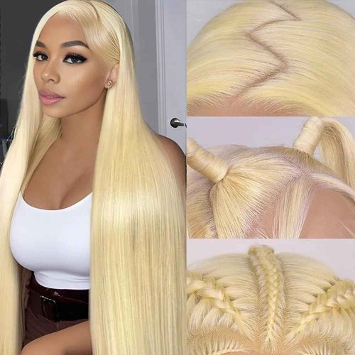 SIYUSI 28Inch 613 Lace Front Wig Human Hair,13x4 HD Transparent Lace, 200% Density Straight Brazilian Blonde Wig, Pre-Plucked with Baby Hair