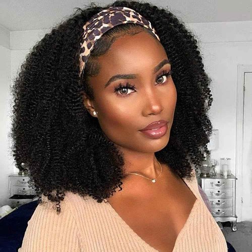 BLY Afro Curly Headband Wig Human Hair Half Wig for Women Glueless Kinky Curly 3 In 1 Wig 10A Grade 180% Density Natural Black Middle Part Headband Wigs 22 Inch
