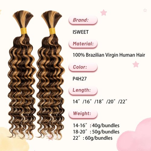 2 Bundles Human Braiding Hair for Boho Braids, 22Inch 120G P4/27 10A Brazilian Virgin Deep Wave Bulk Human Hair for Braiding, Wet And Wavy No Weft Curly Braiding Hair for Boho Knotless Braids