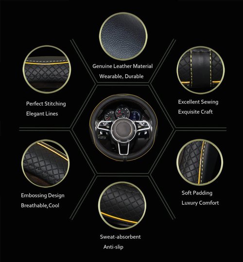 Gomass Car Steering Wheel Cover, Anti-Slip, Safety, Soft, Breathable, Heavy Duty, Thick, Full Surround, Sports Style (Black with Yellow Line)