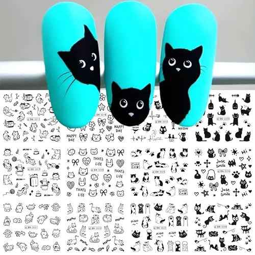 Cute Nail Art Stickers Black White Cat Water Transfer Nail Stickers Cat Paw Cute Animals Water Transfer Nail Decals 3D Self Adhesive Nail Art Supplies Heart Designs Nail Decals 12PCS