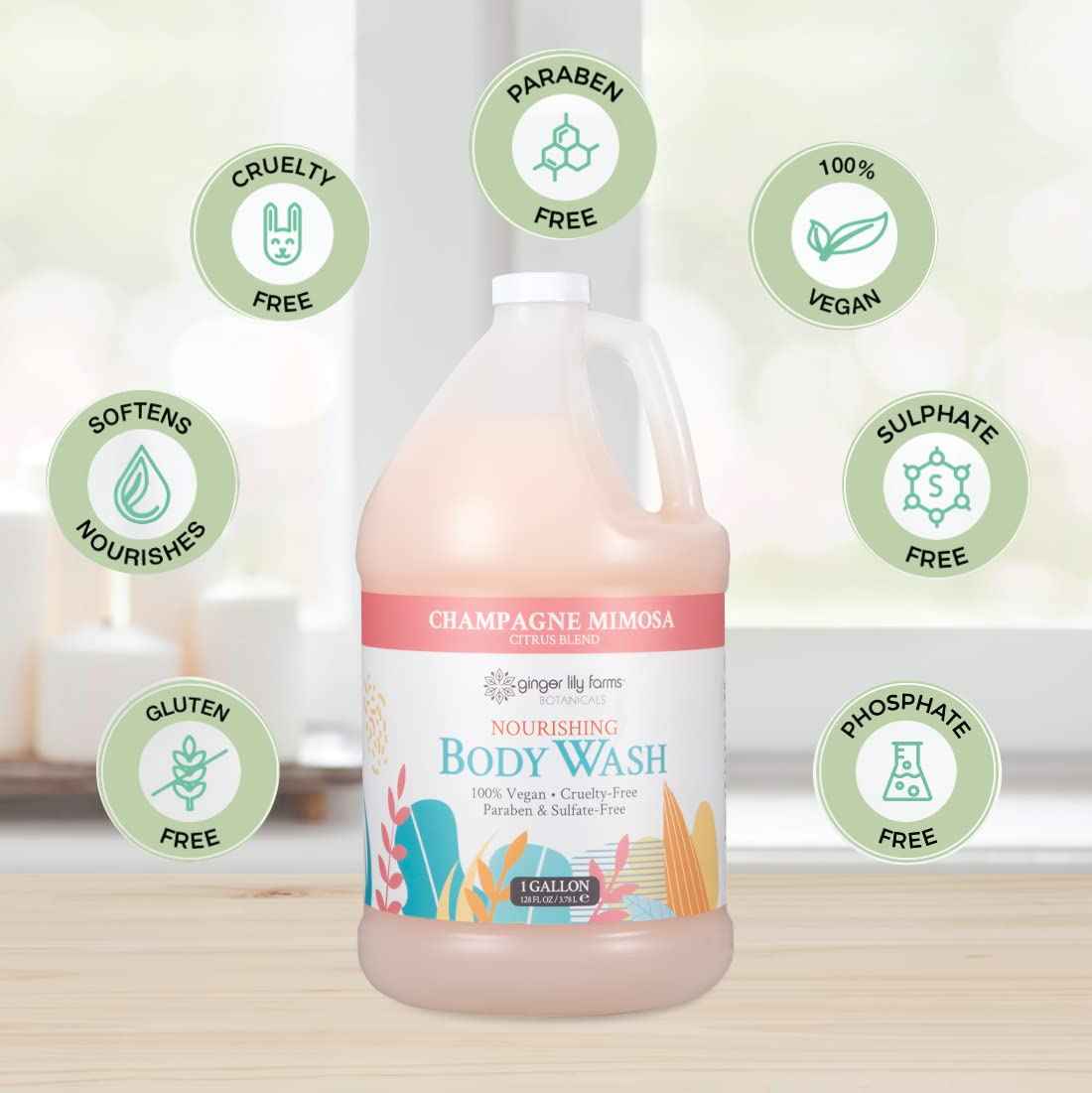 Ginger Lily Farms Botanicals Nourishing Body Wash, Champagne Mimosa, 100% Vegan & Cruelty-Free, Citrus Blend Scent, 1 Gallon Refill (Pack of 4)